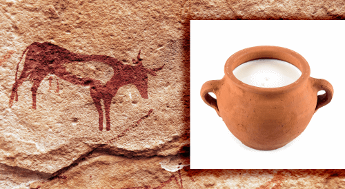 cave painting and clay cup of milk